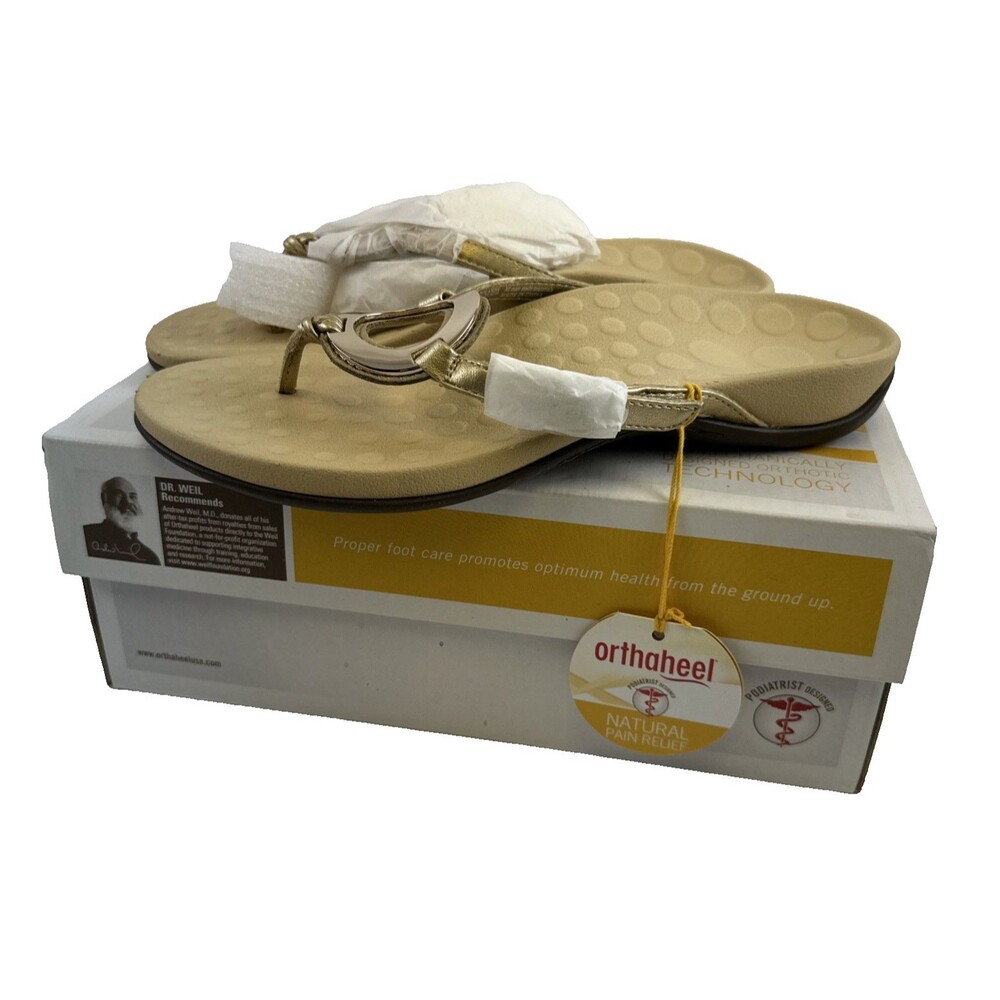 Orthaheel Yolanda Sandal Gold Faux Leather Ring Comfort Toe Post NEW BOX Women 7